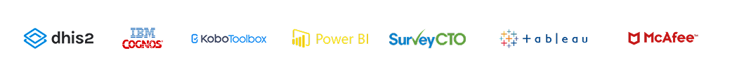 Strategic vendor partnerships and certifications: DHIS2, IBM Cognos, KoboToolbox, Power BI, SurveyCTO, Tableau, and McAfee